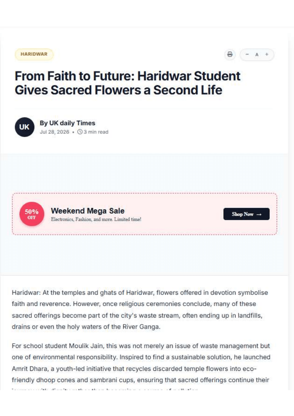 UK Daily Times feature showing its headline, byline and publication date